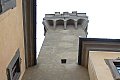Lo svettare della torre merlata alla guelfa del castello di Montegufoni
